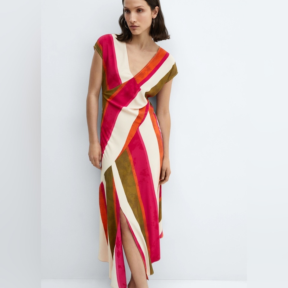 Mango Asymmetrical V-Neck Maxi Dress in Fuchsia, Olive, Orange & Cream